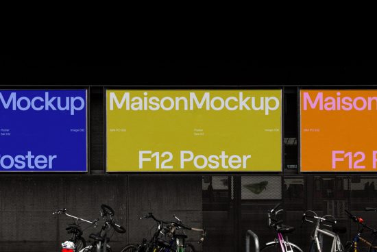 Colorful billboard mockups in urban setting with bicycles in foreground ideal for designers to display advertising or poster designs.