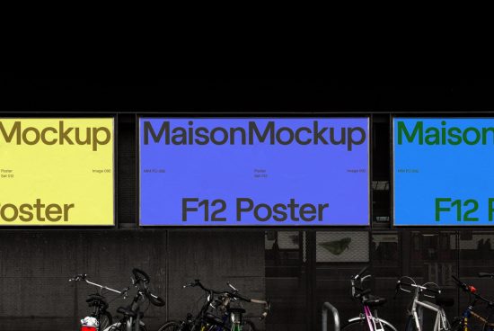 Outdoor billboard mockup design in yellow, blue, green showcasing poster placement with urban background including bicycles. Ideal for graphic displays.