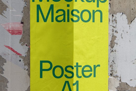Yellow graphic design poster mockup with bold typography on a textured urban wall, suitable for designers' portfolio display.