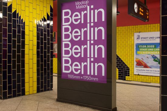 Outdoor advertising mockup of a backlit sign in a metro station with bold "Berlin" text design, suitable for poster or ad presentation.