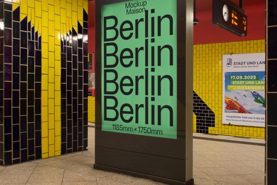 Urban billboard mockup in subway station with Berlin poster design, showcasing fonts and advertising space for designers.