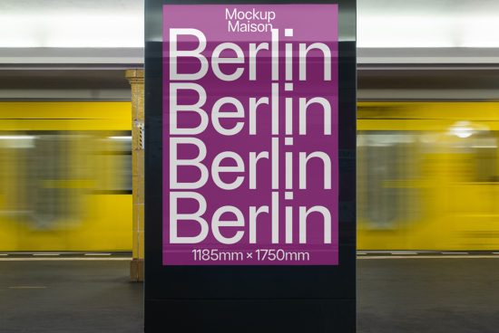 Vertical billboard mockup in subway station with moving train, displaying large purple font with the word Berlin, ideal for advertising designs.