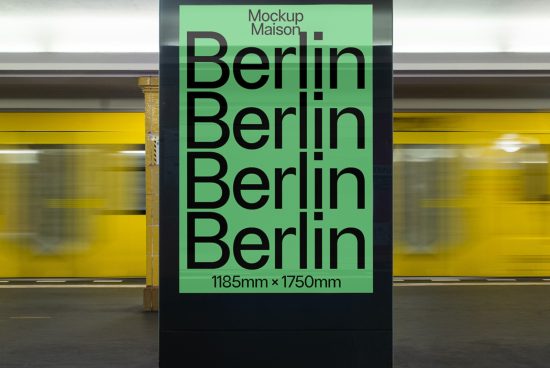 Billboard mockup in subway with dynamic blurred train in background, showcasing font design, perfect for advertising presentations.