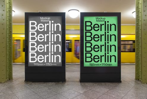 Subway station poster mockups with Berlin typography design, showcasing modern advertising space for graphic designers.