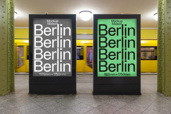 Subway station poster mockups with Berlin typography design, showcasing modern advertising space for graphic designers.