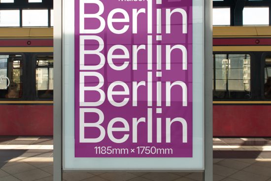 Billboard mockup featuring repeated 'Berlin' text in bold font at a train station, with dimensions displayed, ideal for graphic design ads.