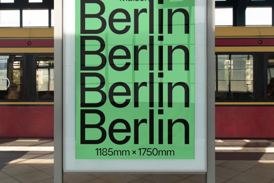 Bold typography poster mockup showcasing Berlin text repeated with size dimensions, located at a train station, perfect for graphic designers.