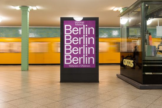 Subway station billboard mockup displaying purple Berlin ad, capturing motion of yellow train and pedestrian life.