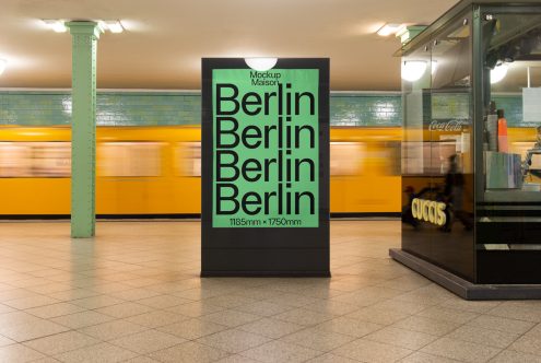 Subway billboard mockup featuring bold 'Berlin' text design in station, ideal for advertising and graphic design showcase.