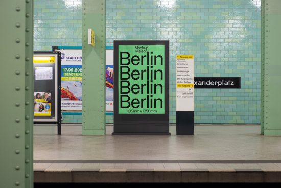 Subway station digital billboard mockup with text design showcasing 'Berlin' on tiled wall background for graphic designers.