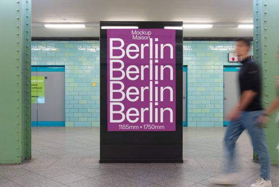 Subway advertising billboard mockup in a station with pedestrian blur, showcasing large typography design, ideal for poster graphics display.