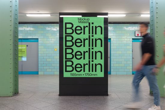 Urban poster mockup displayed in subway station with passerby, showcasing modern font design, ideal for graphic presentations and advertising.