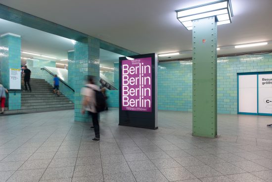 Subway ad mockup in a bustling station, featuring a vibrant purple poster with repetitive 'Berlin' text, ideal for designers' ad templates.