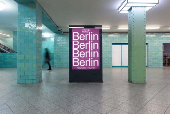 Subway station advertising mockup with dynamic blurred person walking by showcasing bold Berlin design, ideal for poster presentations and graphic displays.