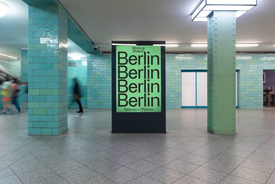 Urban subway station with a bold mockup poster display featuring the word 'Berlin', tiled walls, passing pedestrians, suited for graphics and template design.