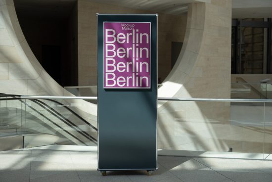 Roll-up banner mockup display in modern interior with Berlin text design, perfect for presentations and portfolio showcase.