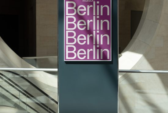 Modern poster design mockup for Berlin with repeated text, architectural interior backdrop, featuring contemporary font, suitable for designers.