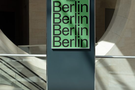 Modern font design on a signage mockup with Berlin repeated in bold, green against a minimalist backdrop, ideal for font showcase and branding.