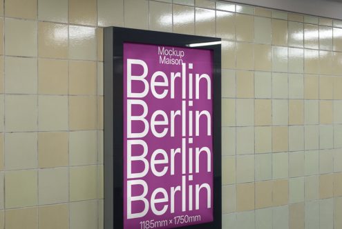 Vertical subway station poster mockup with purple Berlin typography design displayed on tiled wall for designers and advertisers.