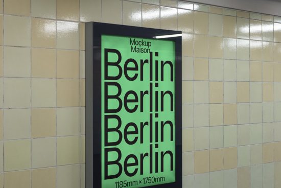 Subway advertisement mockup featuring large text 'Berlin' on a lit billboard in a tiled station, for graphic design and marketing presentations.