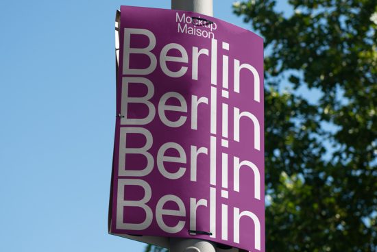 Purple sign mockup with repeating 'Berlin' text in bold font on outdoor pole, clear sky background, ideal for graphic designs.