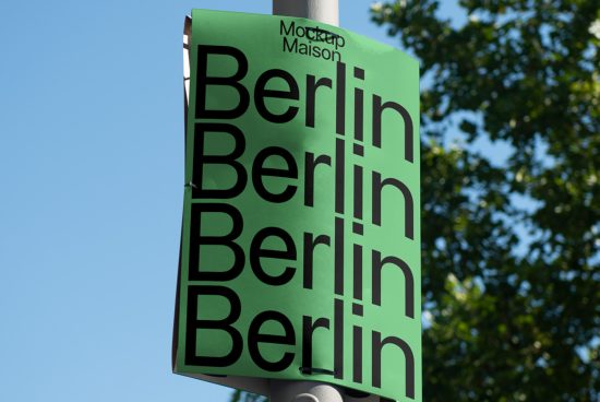 Graphic design mockup of a bold green sign with 'Berlin' text repeated, clear sky background, suitable for designers looking for urban signage inspiration.