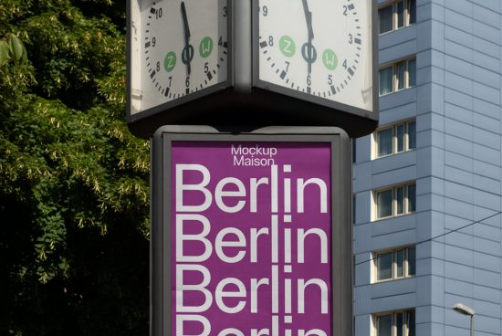 Outdoor billboard mockup with a clock and Berlin advertisement, ideal for designers creating urban graphics and branding presentations.