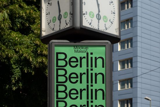 Urban billboard mockup featuring 'Berlin' text, ideal for graphic design presentation, situated against a building with a clock, lush greenery.