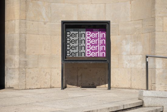 Urban poster mockup on a bus stop with the text Berlin repeated in stylish fonts, perfect for designers looking for city-themed graphics.