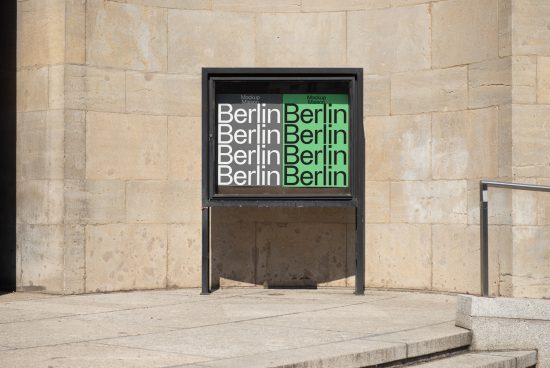Outdoor poster mockup on city street wall displaying repeated 'Berlin' text, ideal for designers to showcase graphics and fonts.