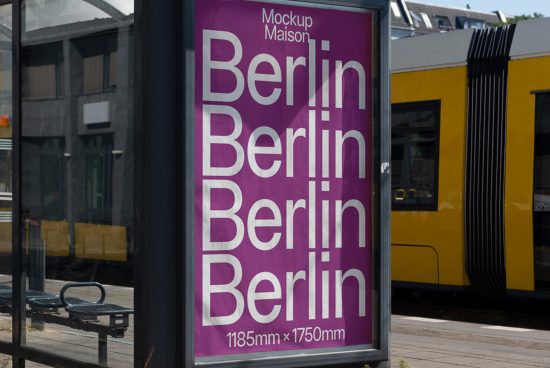 Outdoor advertising mockup featuring multiple repetitions of the word 'Berlin' on a bus stop billboard with an urban background.