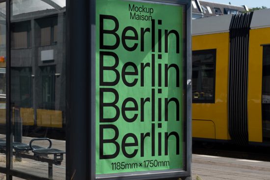 Bus stop advertisement mockup showcasing bold font design with the word Berlin repeated in urban setting, next to yellow tram.