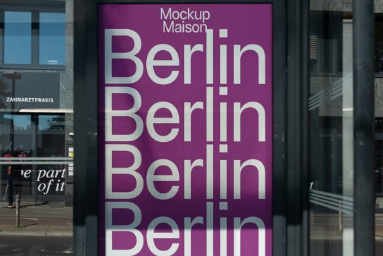 Window poster mockup featuring repeated 'Berlin' text in bold white font on a purple backdrop, suitable for design asset marketplace.