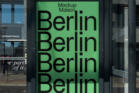 Urban poster mockup featuring the word Berlin repeated on a vibrant green background, displayed in a glass window with reflections, suitable for designers.