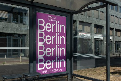 Bus stop billboard mockup featuring bold typeface for Berlin, urban street setting, modern design presentation, clear daylight view.