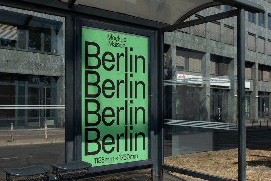 Outdoor poster mockup in a bus stop showcasing bold 'Berlin' typography design, ideal for graphic displays and advertising presentations.