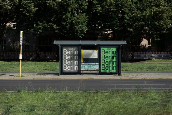 Bus stop billboard mockup in an urban setting with green overlay text design, for graphic display previews and advertising design assets.
