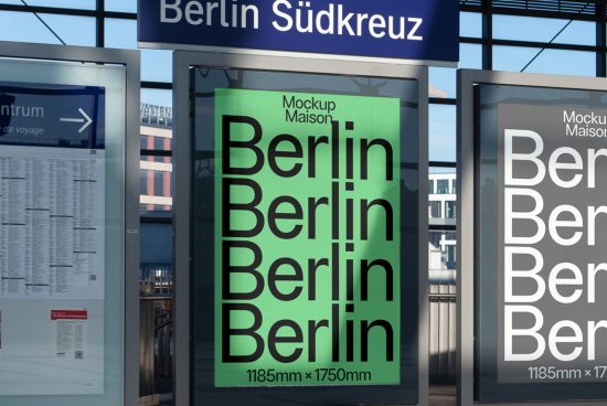 Berlin billboard mockup at train station for outdoor advertising, realistic urban setting for designers, showcasing graphics and marketing.