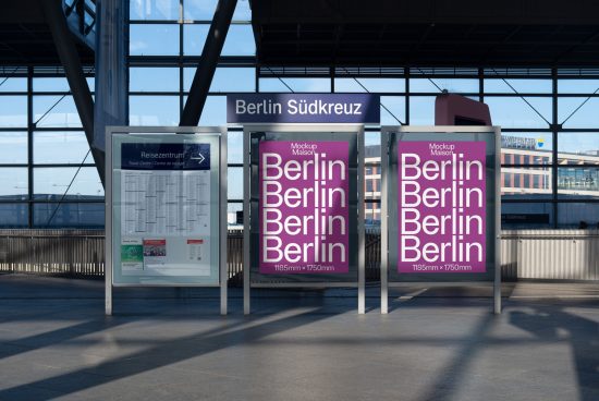 Outdoor poster mockup at a train station with Berlin branding for realistic design presentation, featuring clear sky and urban environment.