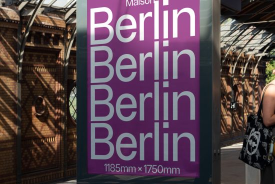 Billboard mockup at train station featuring bold 'Berlin' typography design, showcasing potential for advertising graphics in urban spaces.