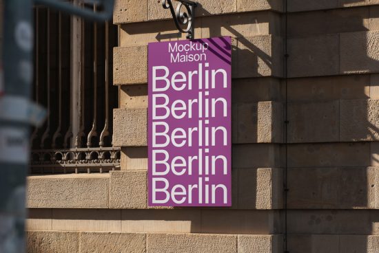 Outdoor signboard mockup on a sunny day with Berlin text repeated in different sizes, perfect for font presentation and design showcase.