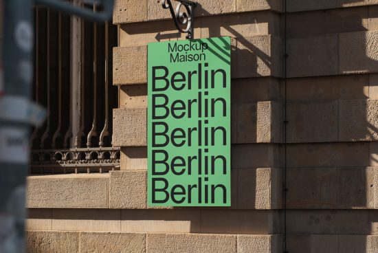Vertical signboard mockup on building facade with bold typography design showcasing the word Berlin repeatedly in green font for outdoor advertising.
