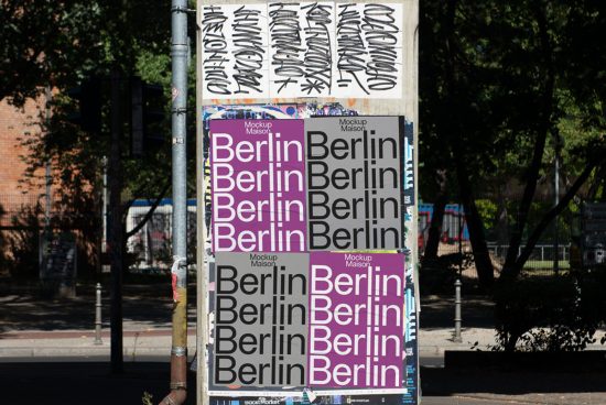 Urban poster mockups with repeated Berlin text on lamppost for street advertising design, showcasing font and layout in real-world scene.