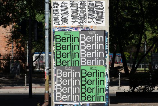 Street pole with multiple Berlin posters for urban mockup design, real-world context, outdoors advertising display, graphic design showcase.