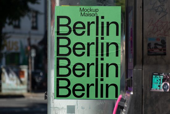 Urban poster mockup featuring bold green typography of the word Berlin repeated, ideal for showcasing design templates and graphics.