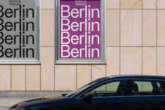 Urban poster mockups on building facade with different font styles for the word Berlin, city branding, graphic design template display.