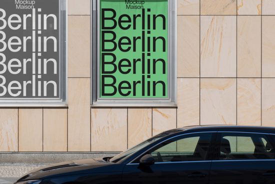 Modern typography poster mockup with text 'Berlin' displayed in a window, juxtaposed by a sleek car passing by, on a sunny day, clear visibility.