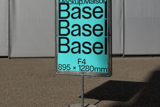 Urban outdoor poster mockup on metal stand, clear bold font, size specifications for advertising, realistic shadow, graphic design asset.