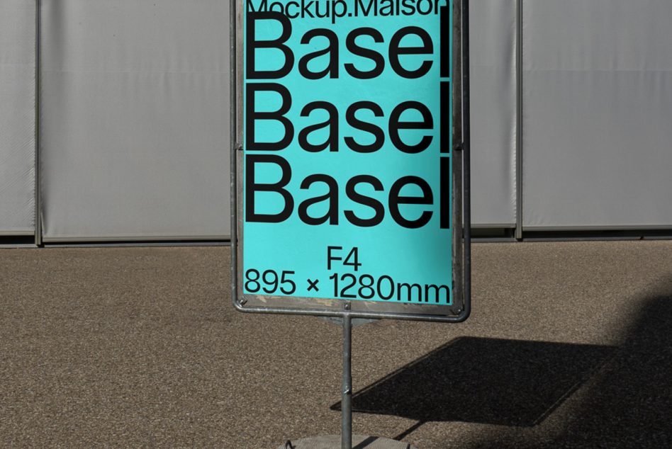 Urban outdoor poster mockup on metal stand, clear bold font, size specifications for advertising, realistic shadow, graphic design asset.