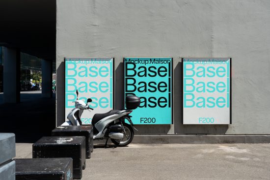 Urban poster mockup templates on wall with a scooter parked nearby, depicting striking typography in teal and white, ideal for designer ads.